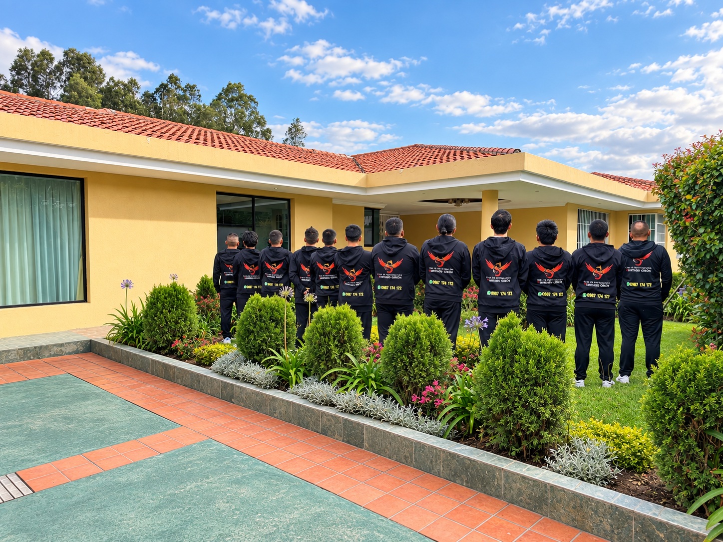 Equipo y residentes de Casa Santiago Girón en el patio